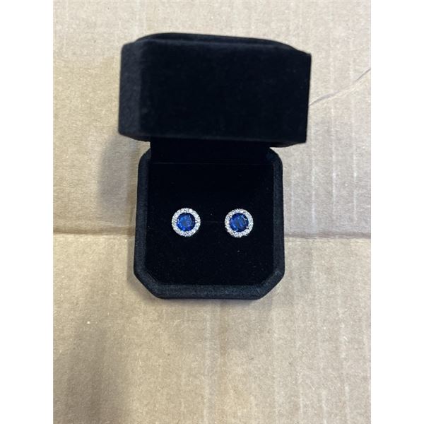 NEW S925 1.0CT EACH LAB CREATED BLUE SAPPHIRE HALO STUD EARRINGS, MOUNTED IN 925 STERLING SILVER W/ 