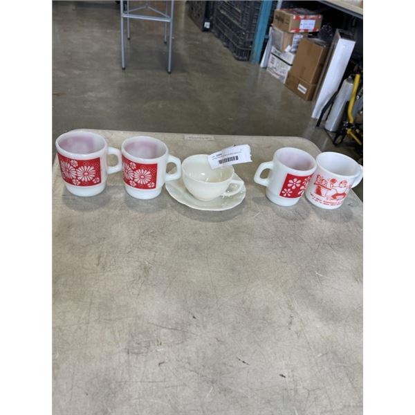4 FIRE KING MUGS AND CUP AND SAUCER