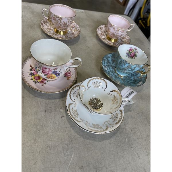 5 ANTIQUE ASSORTED CUPS AND SAUCERS - ROYAL GRAFTON, ROYAL STUART, STANLEY, ROYAL TUSCAN