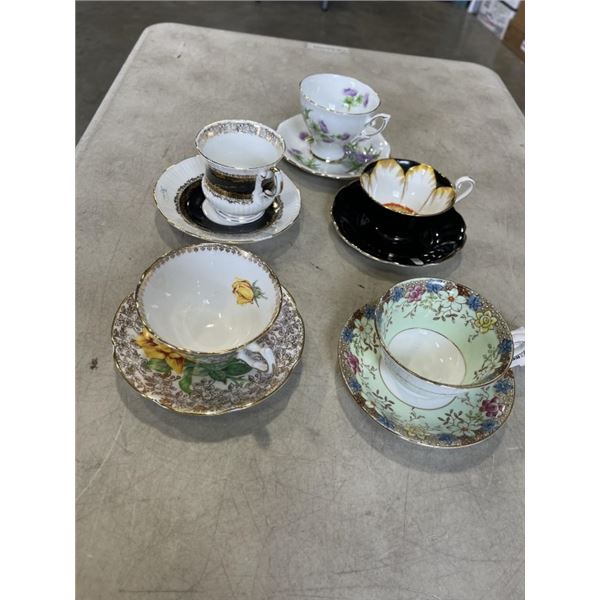 5 ANTIQUE ASSORTED CUPS AND SAUCERS - COLLINGWOODS, QUEEN, TAYLOR AND KENT, SCOTS EMBLEM, AND VICTOR
