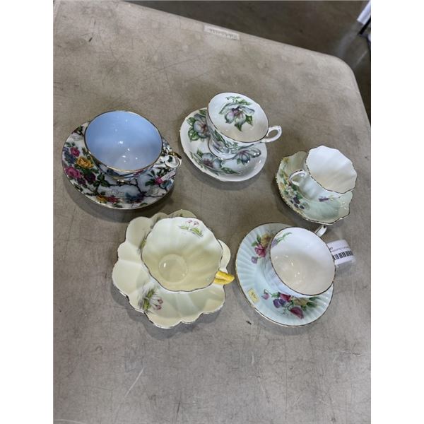 5 ANTIQUE ASSORTED CUPS AND SAUCERS - PARAGON, LD ROYAL, AND MAGNOLIA