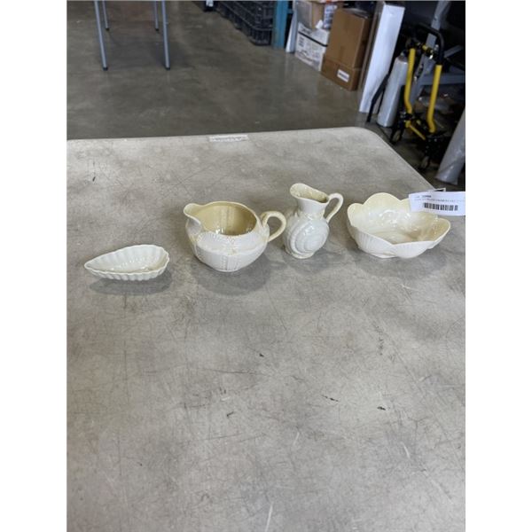 4 PIECES BELLEEK CREAMERS AND DISHES