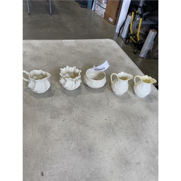 5 PIECES BELLEEK CHINA - 2 DISHES, 3 CREAMERS