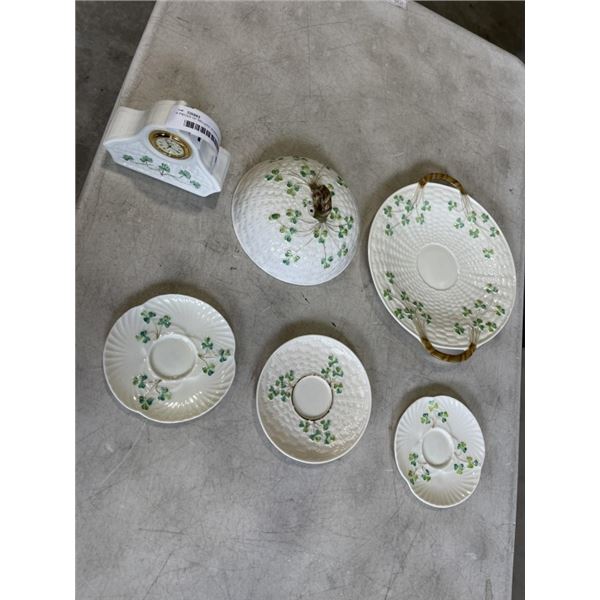 6 PIECES OF BELLEEK SHAMROCK DISHES AND CLOCK
