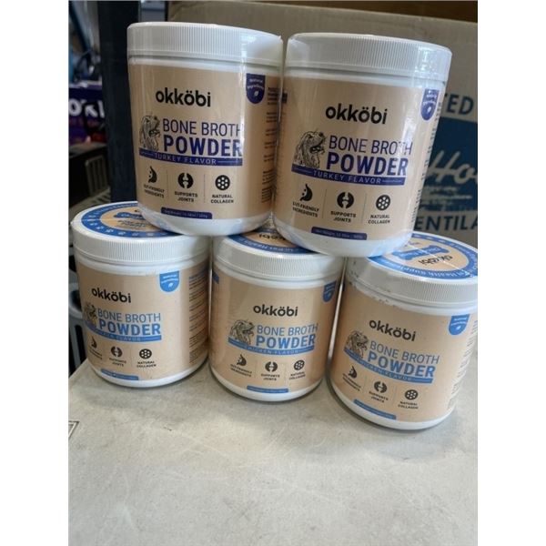 5 TUBS OF OKKOBI BONE BROTH POWDER.3 ARE CHICKEN FLAVORED, 2 ARE TURKEY FLAVORED. EXP AUGUST 2027