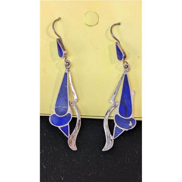 VTG Blue Inlay Dangle Earrings Abstract Silver Tone Drop Hooks