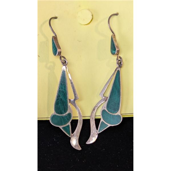 VTG Green Inlay Dangle Earrings Abstract Silver Tone Drop Hooks
