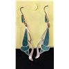 Image 1 : VTG Green Inlay Dangle Earrings Abstract Silver Tone Drop Hooks