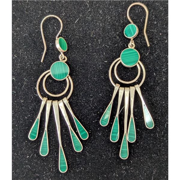 VTG Sterling Silver Malachite Chandelier Dangle Earrings