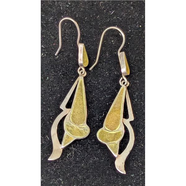VTG Silver Tone Yellow Inlay Abstract Dangle Earrings