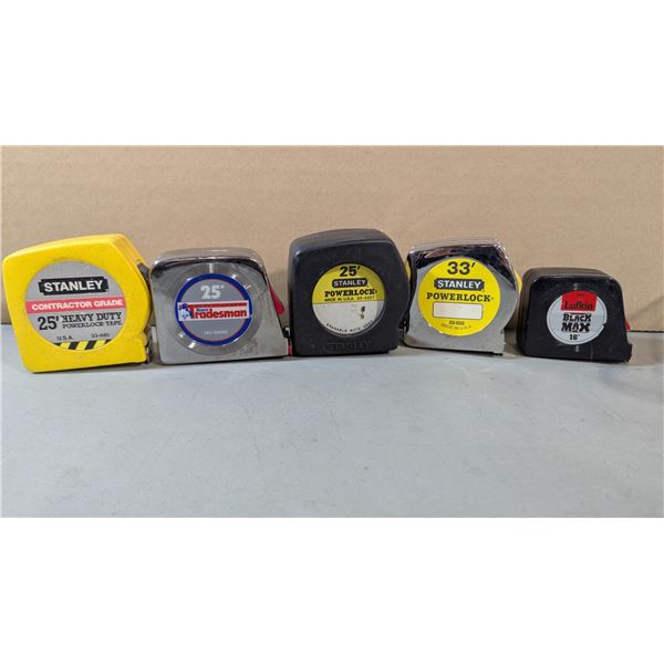 Lot of Five Tape Measures w/ Stanley, Tradesman, Lufkin