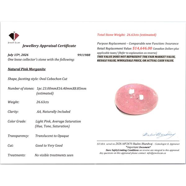 $14,646 Appraisal - 26.63 ct Cert. Pink Morganite gemstone