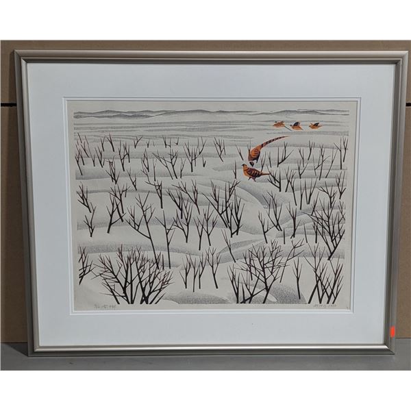 VTG Japanese Woodblock Style Pheasant Snow Landscape Print