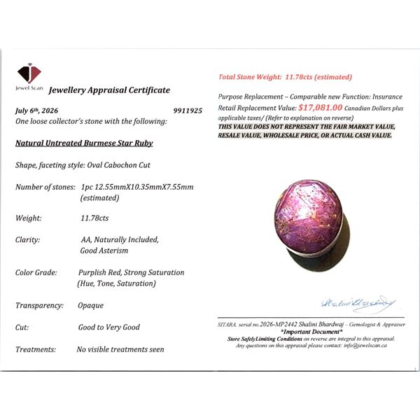 $17,081 Appraisal - 11.78 ct Cert. Burmese Star Ruby gemstone