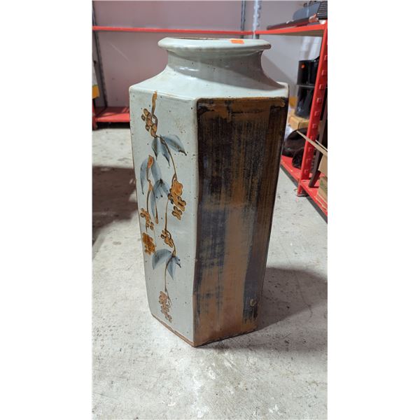 Large Hand-Painted Floral Glazed Stoneware Floor Vase