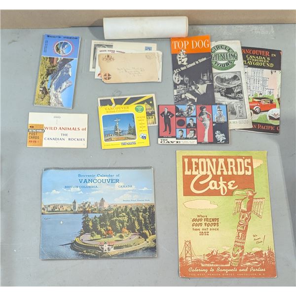 VTG Vancouver BC Ephemera Lot w/ Leonard's Cafe, Travel Brochures, Postcards & More