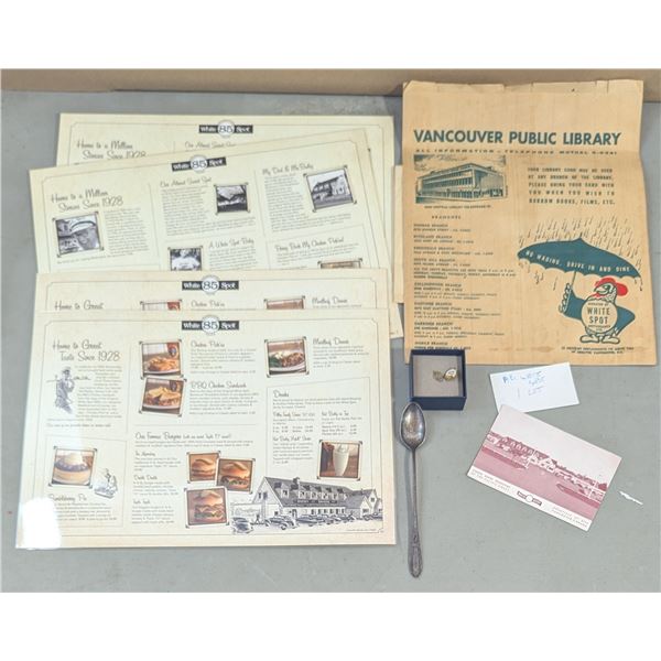 VTG Vancouver BC Ephemera Lot w/ White Spot, Public Library, Souvenir Spoon & More