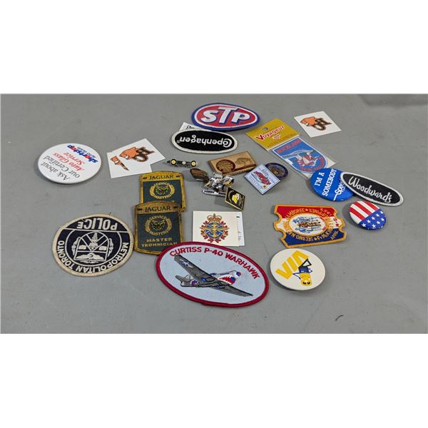 VTG Assorted Patches, Pins & Buttons - Jaguar, Toronto Police, Curtiss P-40 & More