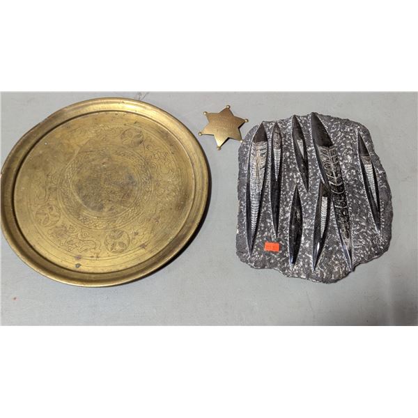 Orthoceras Fossil Display Plaque, Engraved  Tray & Joke Sheriff Badge