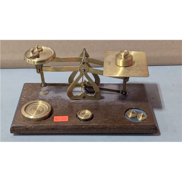 Antique English Brass Postal Balance Scale w/ Weights & Wood Base