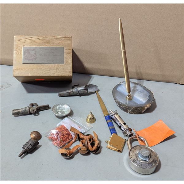 VTG Assorted Desk & Pocket Curios w/ Agate Pen Stand, Combination Lock & More