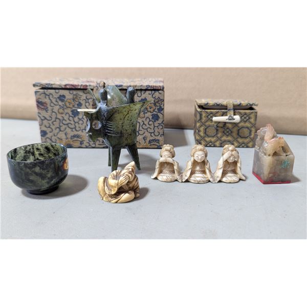 Asian Decorative Curio Lot w/ Three Wise Women Figures, Hardstone Cup & More
