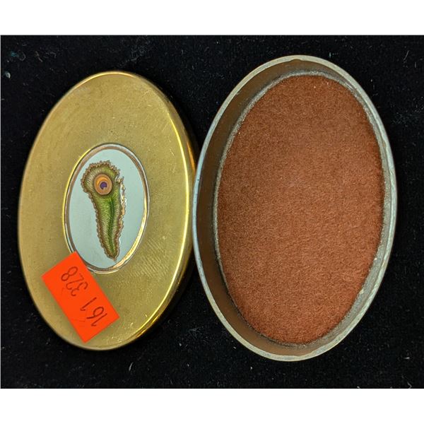 Brass Oval Trinket/Pill Box w/ Enamel Peacock Feather & Felt Lining