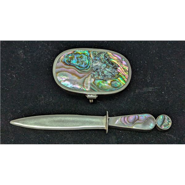 VTG Alpaca Silver Toned Abalone Letter Opener and Case Desk Set