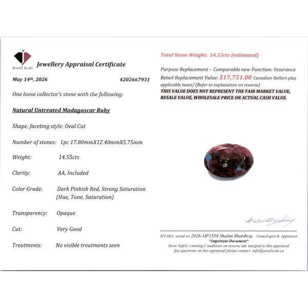 $17,751 Appraisal - 14.55 ct Cert. ruby gemstone