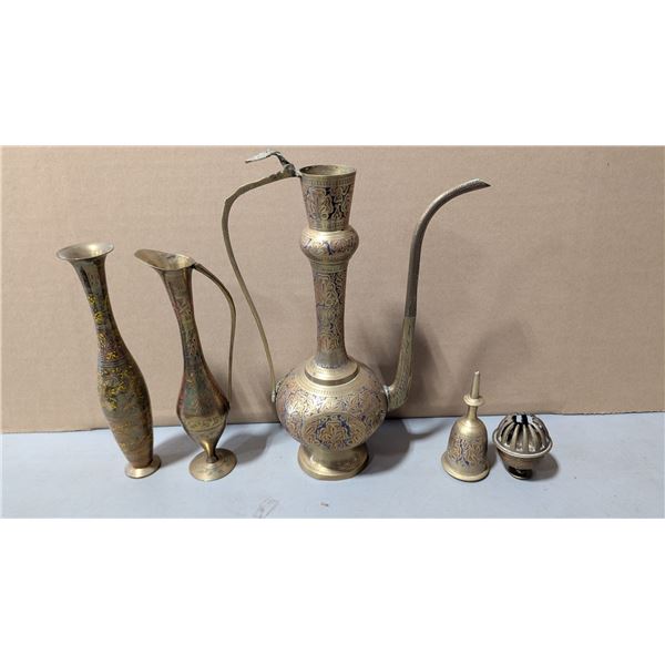 VTG Indian Brass Meenakari Ewer, Vases, Bell & Incense Burner