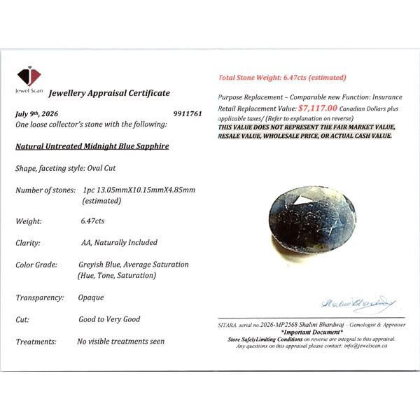 $7,117 Appraisal - 6.47 ct Cert. Midnight Blue Sapphire gemstone