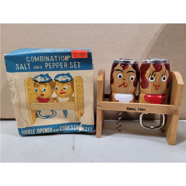 VTG Reno Nevada Novelty Salt Pepper Bottle Opener Bar Set
