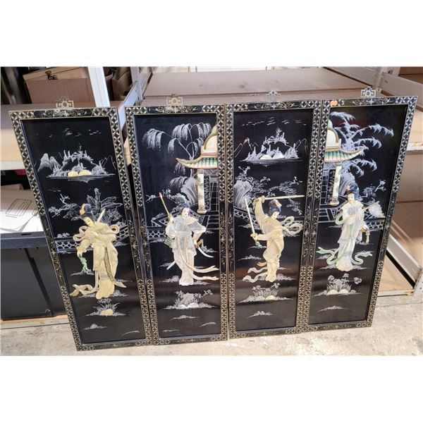 Lot of Four VTG Asian Black Lacquer Wall Panels