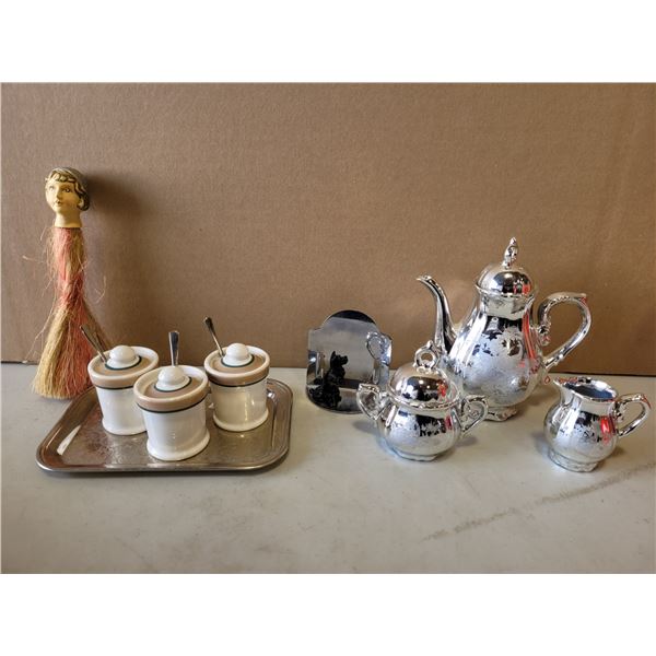 VTG Tea Set, Condiment Jars, & Whisk Broom / Dusters