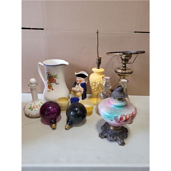 VTG Variety Lot w/ Coloured Bulbs, Lamp Base, Pitcher / Ewer & More