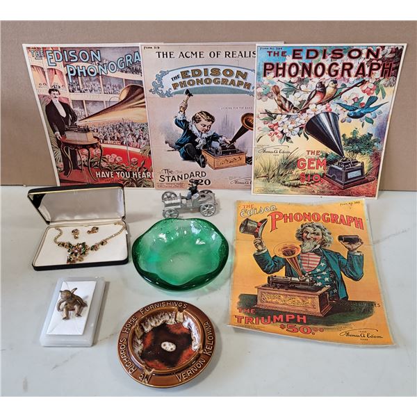 VTG Variety Lot w/ Edison Phonograph Signs, Necklace & Earring Set, & More