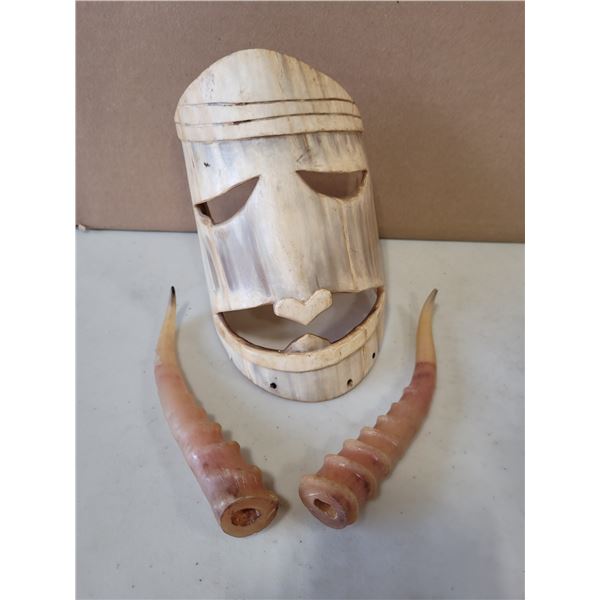 Folk Art Handcrafted Carved Mask w/ Horns