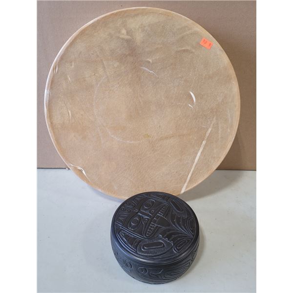 VTG Northwest Coast First Nations Carved Bowl & Rawhide Drum