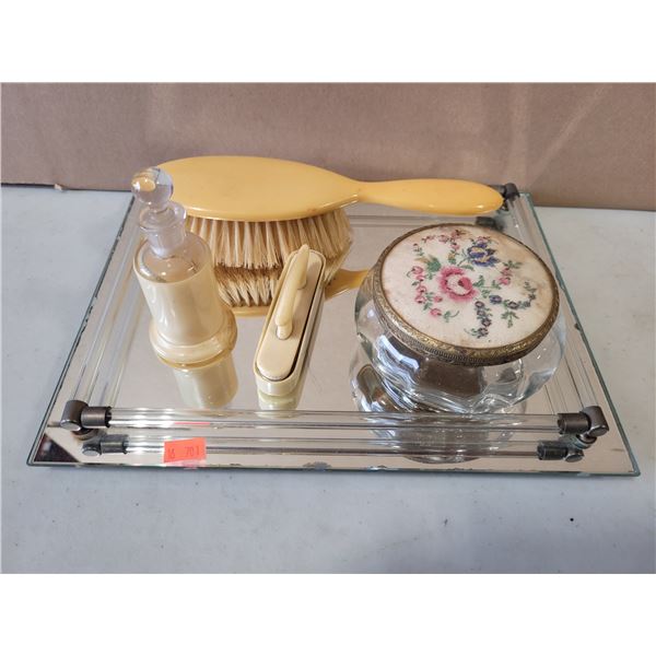 VTG Mirrored Vanity Set Dresser Tray & Brush w/ Powder Jar & More