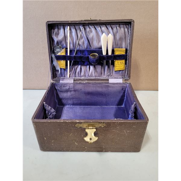 VTG Antique Work Box With Sewing Notions & Tools