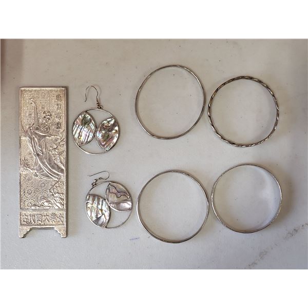 VTG Silver-Tone Bangles Abalone Earrings & Decorative Plaque