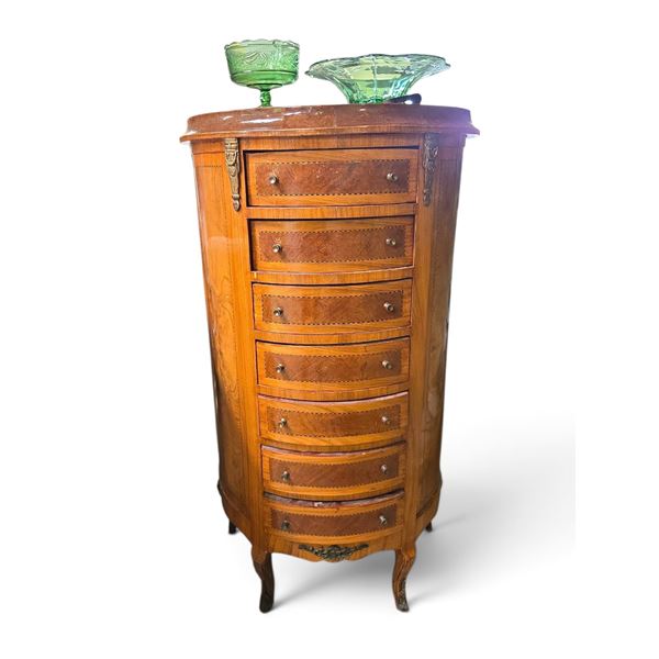 French Style 7-Drawer Chest (50in H) & (2) Vintage Green Depression Glass Bowls