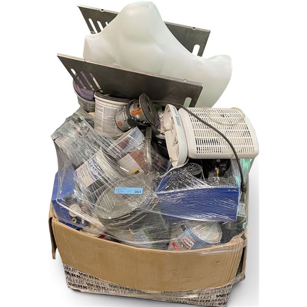 Pallet of Mixed Goods Featuring Replacement Vacuum Motors, Space Heater, Torso Mannequin, Cans of Pa