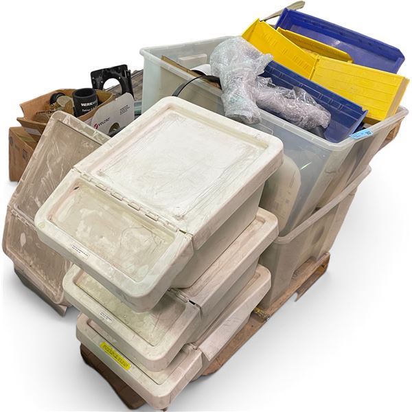 Pallet of Heavy-Duty Plastic Hopper Storage Bins, Large Clear Totes, Hardware Bins & Industrial Shop