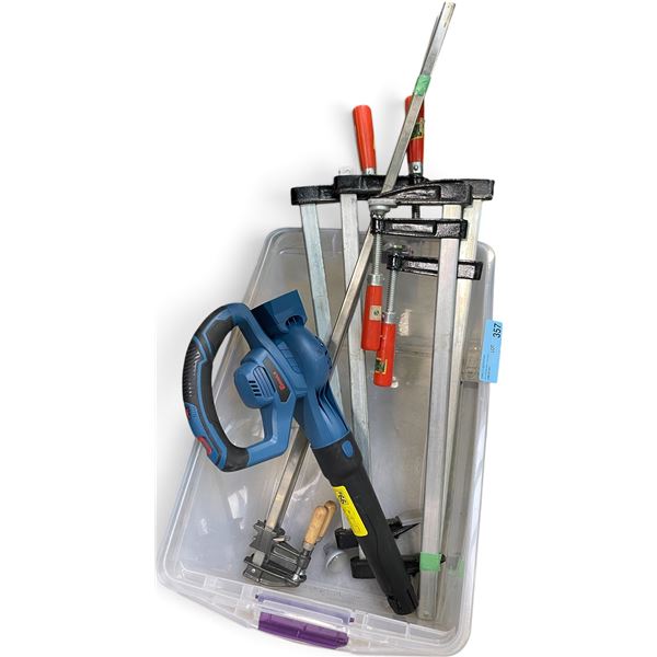 Clear Tote of Woodworking Clamps Featuring Aluminum Bar Clamps & ENHULK Cordless Blower