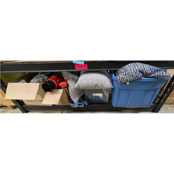 Shelf of Misc - OUTIGO Cordless Blower (In Box), Storage Totes, Throw Pillows & Boxed Medical / Firs
