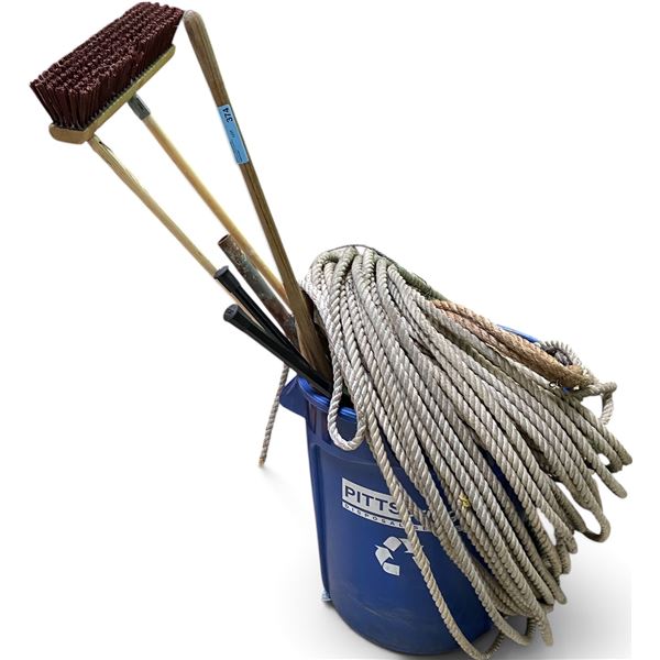 Heavy-Duty Commercial Coiled Rigging Rope, Push Brooms & Handles in Pitts Disposal Blue Bin