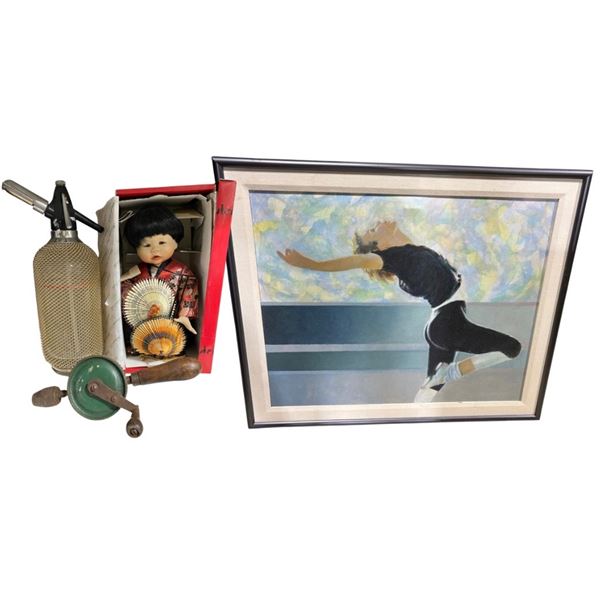 Group of 4 - Vintage Seltzer Bottle and Hand Drill, Collectible Japanese Doll & Large Framed Art