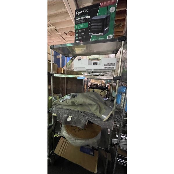 Shelf content lot - includes Dyna-Glo Garage Heater/Tarps/Masontex New Motorcycle Gloves & More