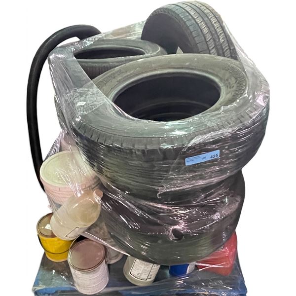Pallet - Bundled Stack of Various Tires, Paint Cans & Buckets